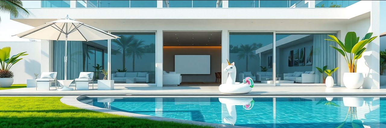 Window cleaning at a modern luxury villa with pristine glass and outdoor pool