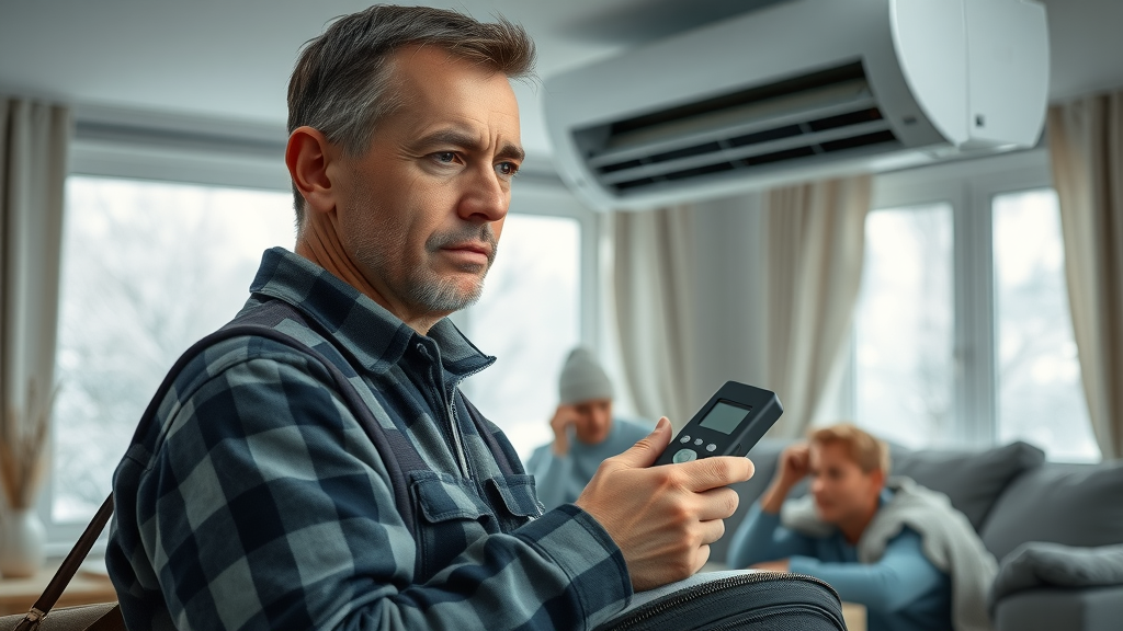 Emergency HVAC technician repairing AC during winter for fast relief