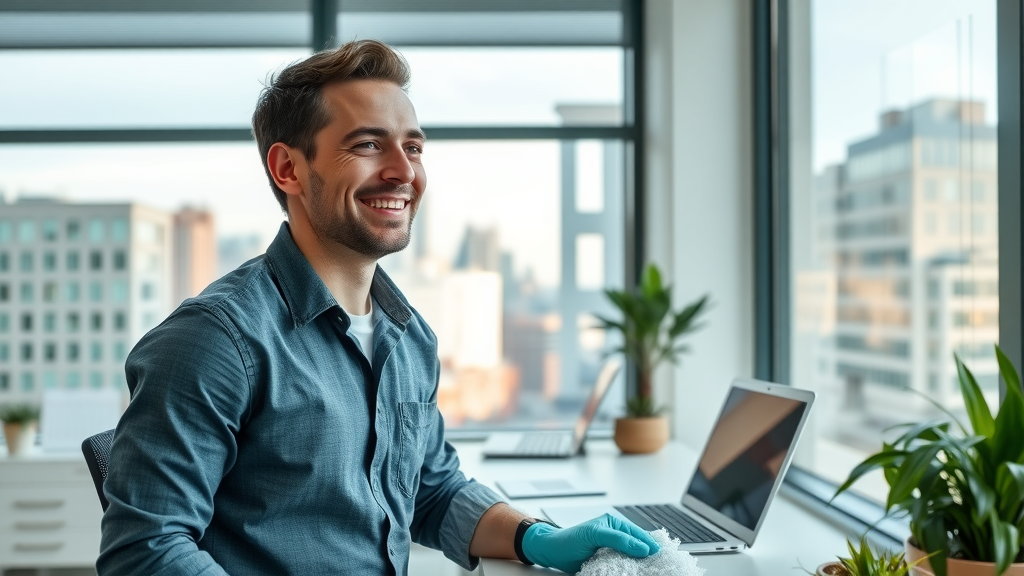 Professional uses flexible cleaning scheduling to keep his home office pristine.
