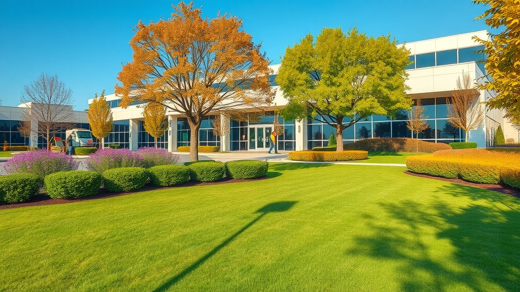 Comprehensive lawn care transforms business landscape with green lawns and trees