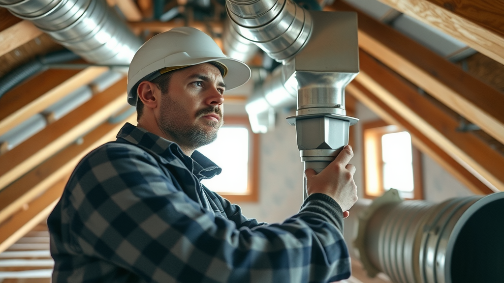 Technician installing duct system in home attic for improved air quality