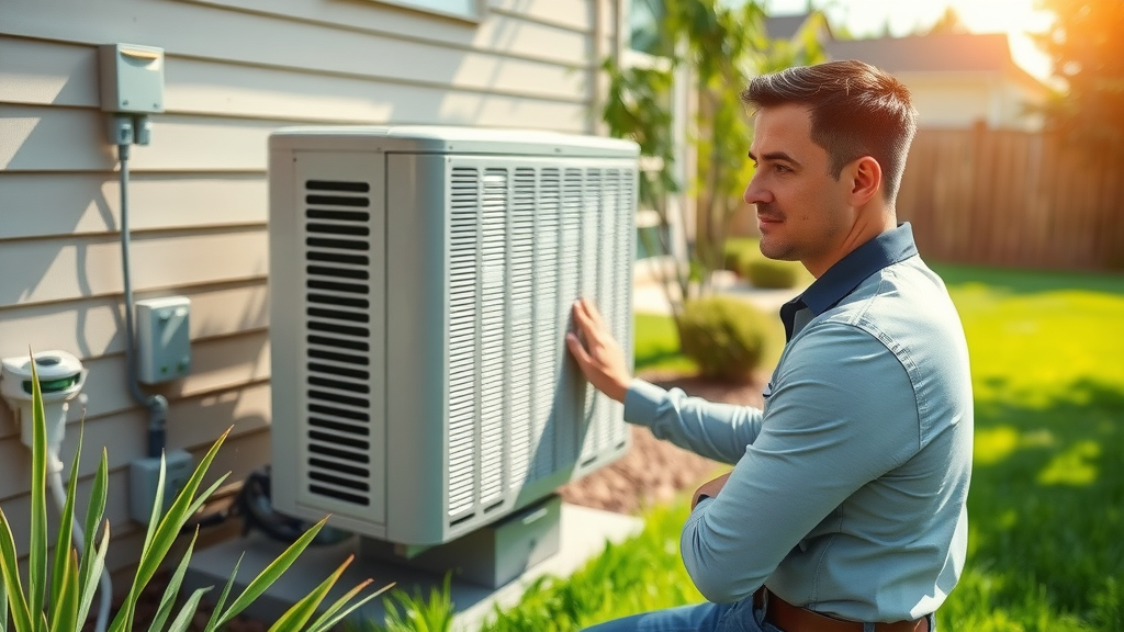Technician performing air conditioner maintenance in a beautiful backyard.