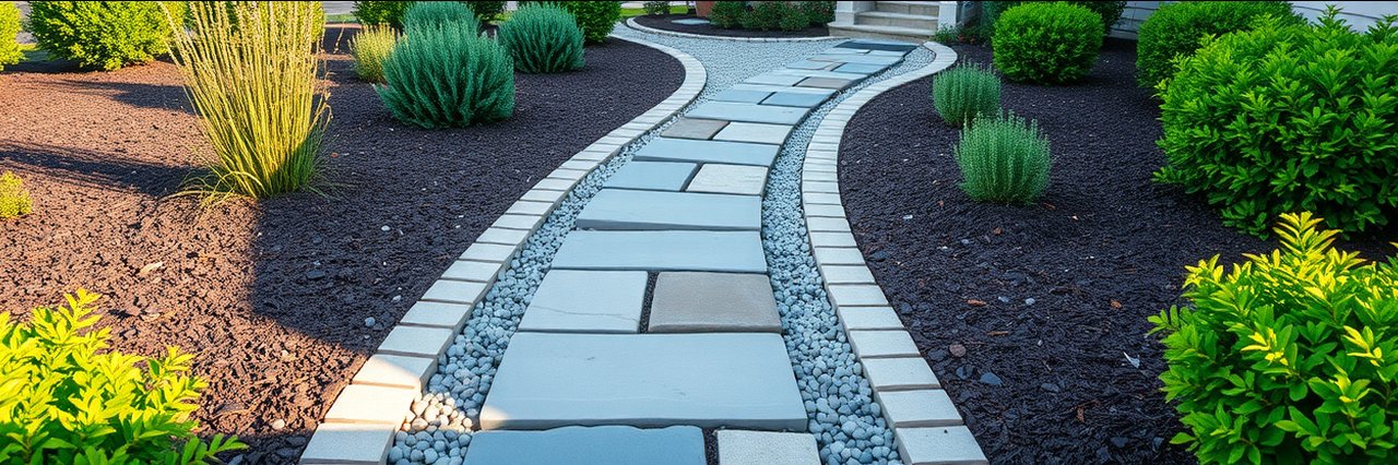 Clean garden walkway with stone path and fresh mulch, yard cleanout services