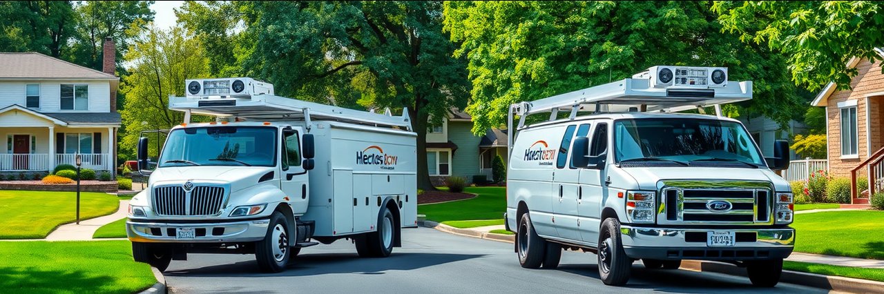 HVAC duct system installation trucks parked on suburban street