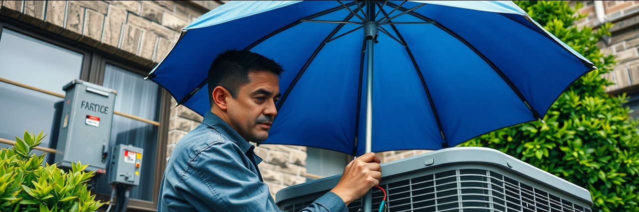 Little Rock AC repair technician fixing outdoor unit in rainy weather.