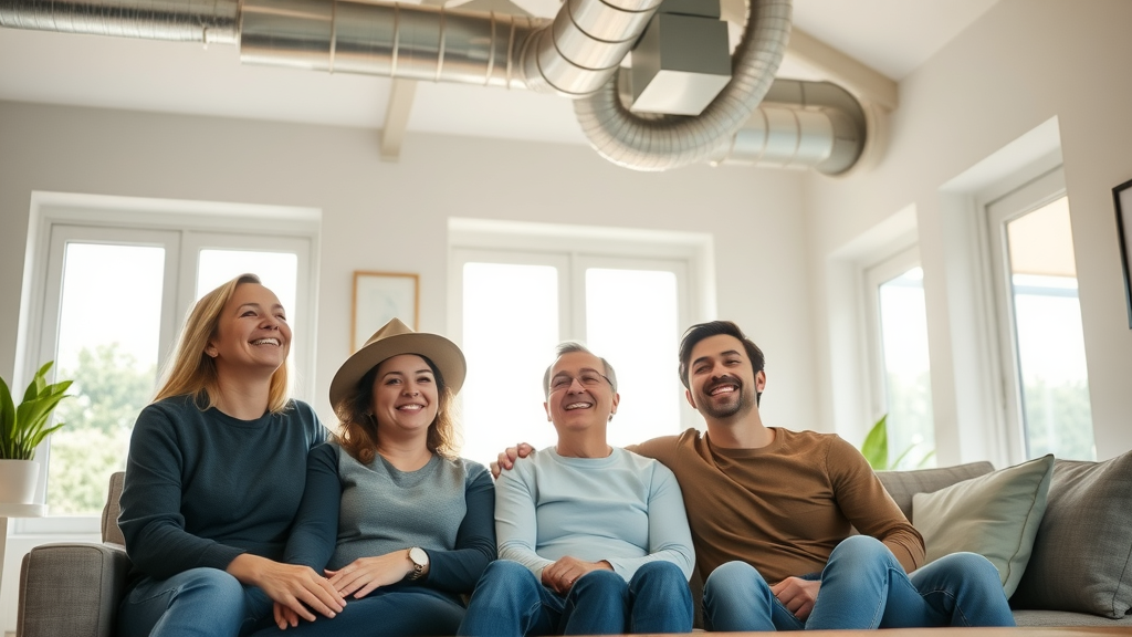Happy family in sunlit home enjoying fresh air after duct system installation