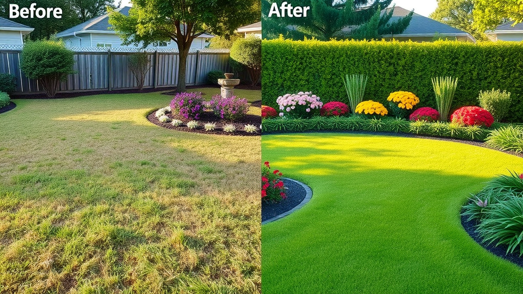 Before and after comprehensive lawn care: lush healthy yard vs patchy grass