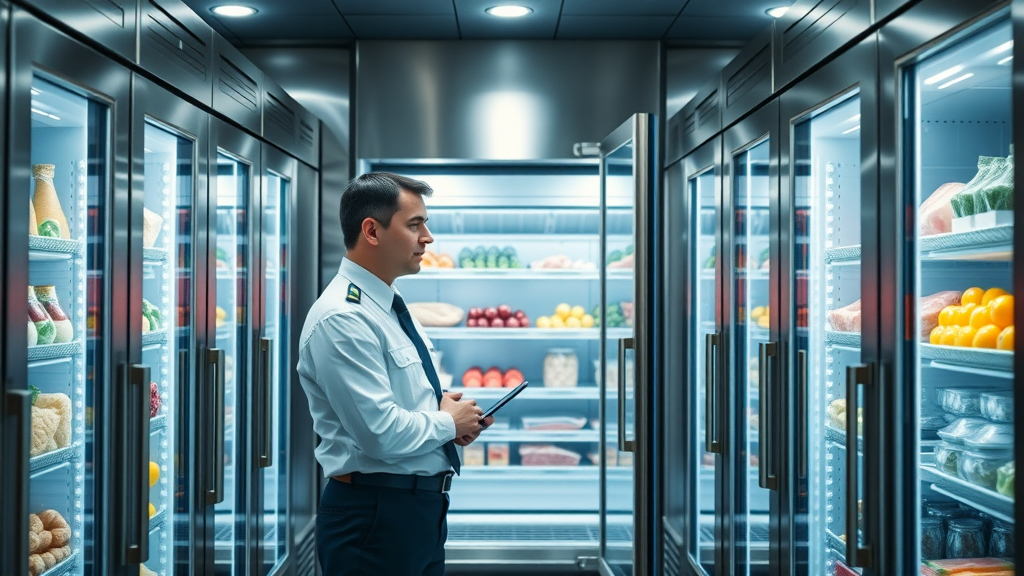 Professional technician inspecting walk-in freezer, commercial refrigeration services