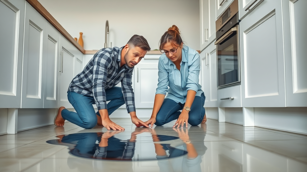 Residential plumbing repair scene with couple inspecting kitchen water leak