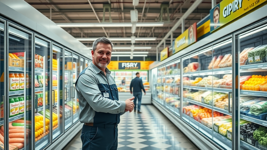 Store manager and technician by refrigeration aisles, commercial refrigeration services