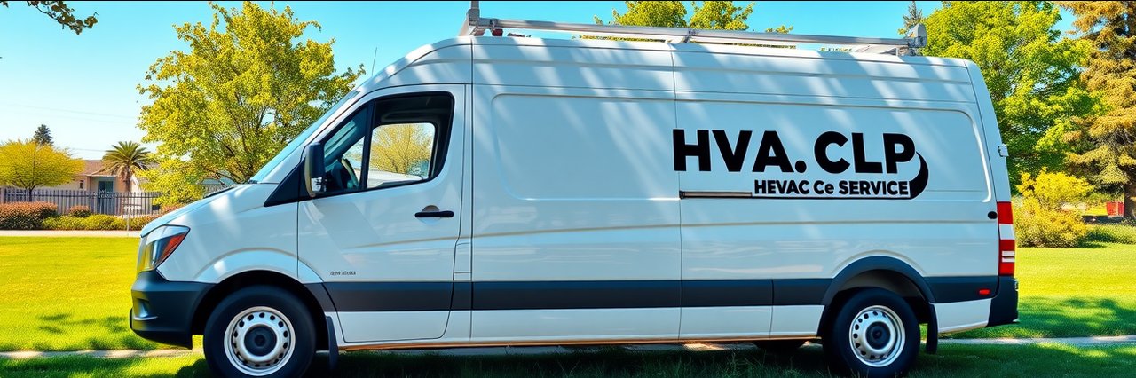 Professional HVAC service van for air conditioner maintenance parked on grassy roadside