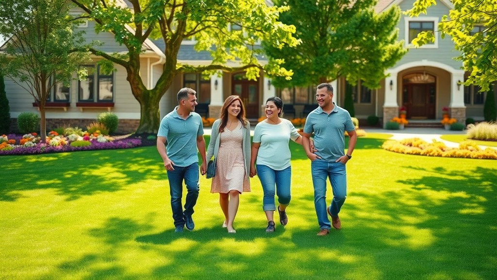 Vibrant healthy lawn with family enjoying yard, annual lawn programs benefit
