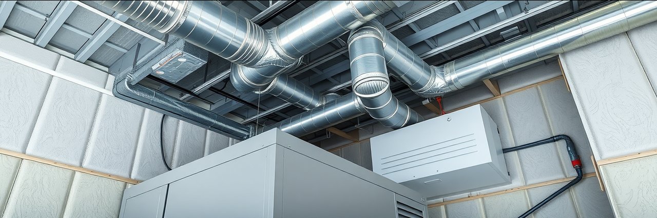 Commercial refrigeration services installation with modern ductwork and insulation
