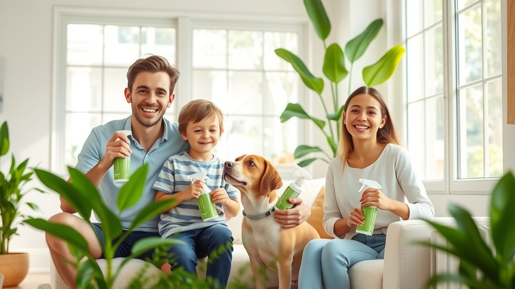 Eco-friendly cleaning in a sunny family home with natural products and happy family