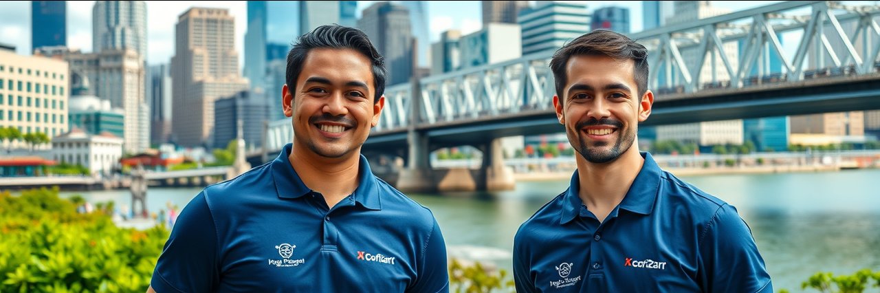 Friendly plumbers posing by river in city for residential plumbing repair ad