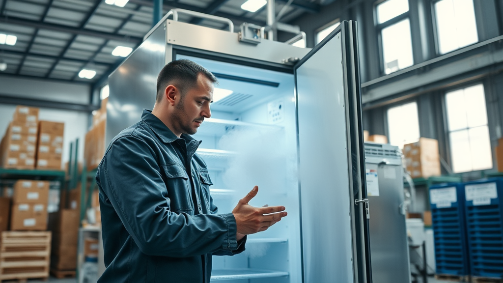 Warehouse technician servicing freezer, reliable commercial refrigeration services