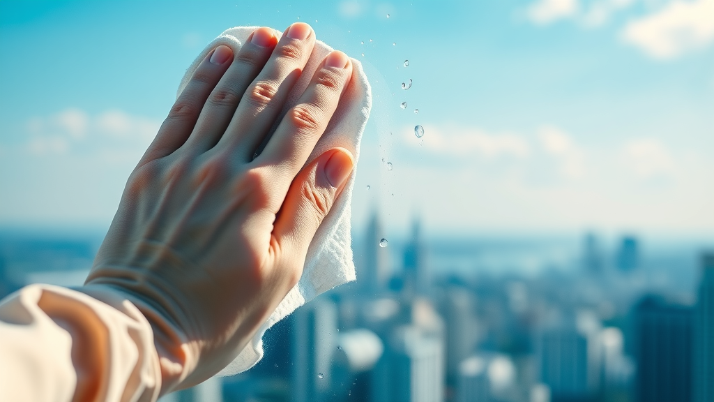 Professional window cleaning close-up with flawless glass and city reflections