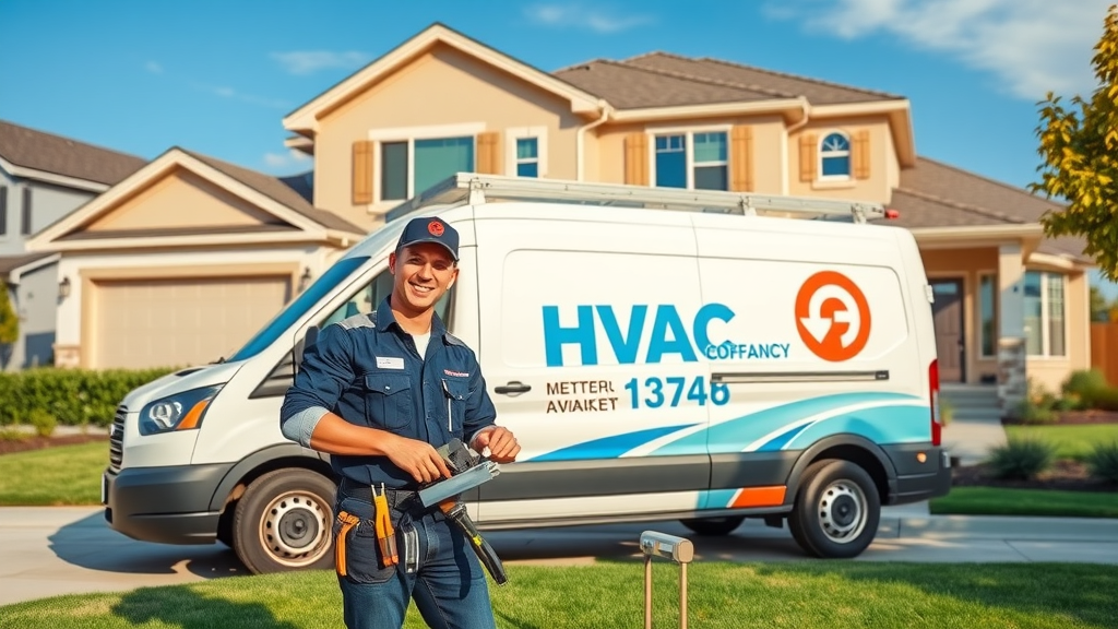Air conditioner maintenance service van and technician at a suburban home.
