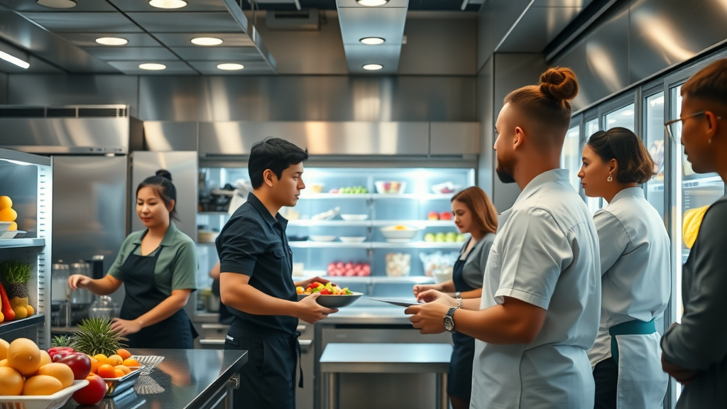 Restaurant staff and technician ensuring refrigeration, commercial refrigeration services