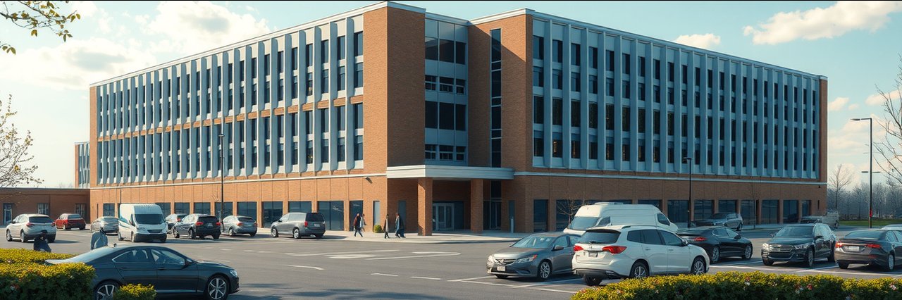 Modern hospital with busy parking lot, representing emergency HVAC services availability.