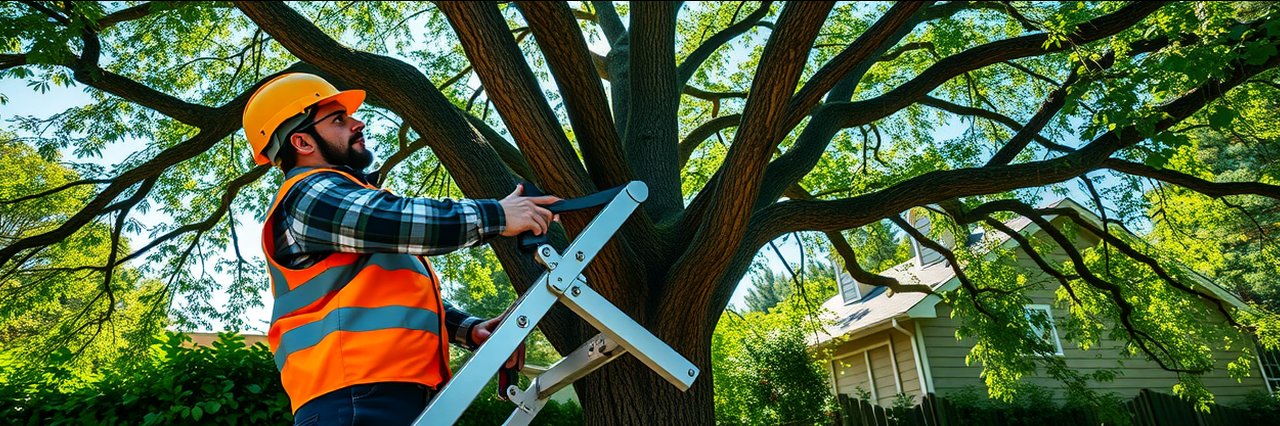 Tree pruning by an arborist in a suburban yard with a mature oak tree.