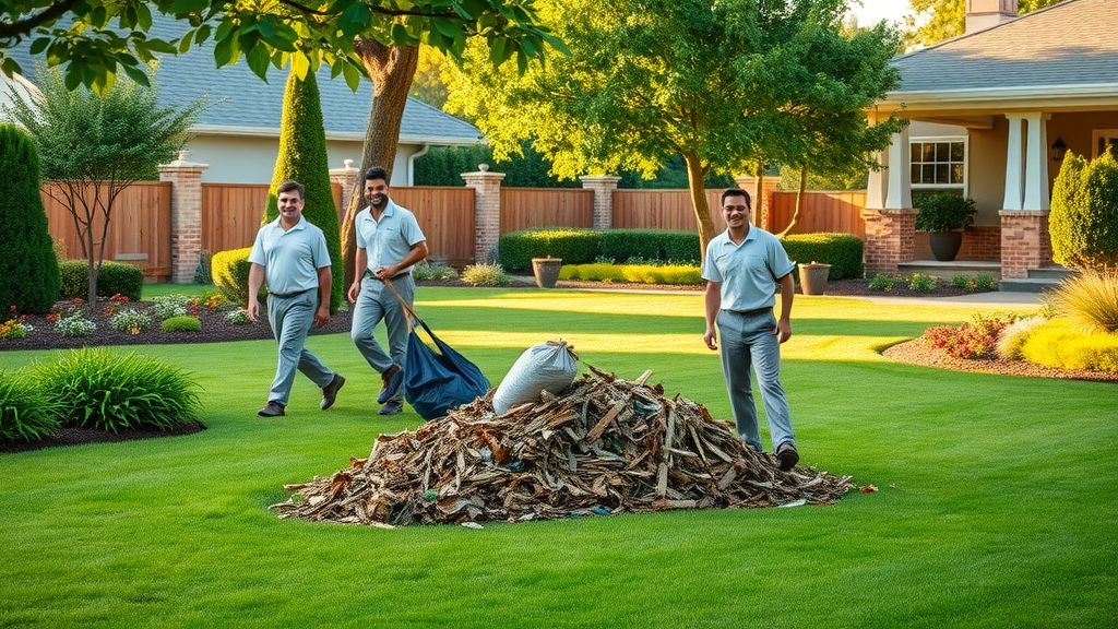 Vibrant yard cleanout services team clearing debris from a lush green backyard