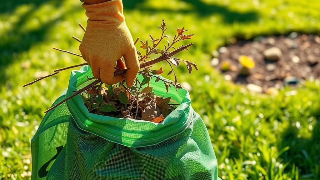 Gloved hands tidying up yard waste for yard cleanout services in a sunny garden
