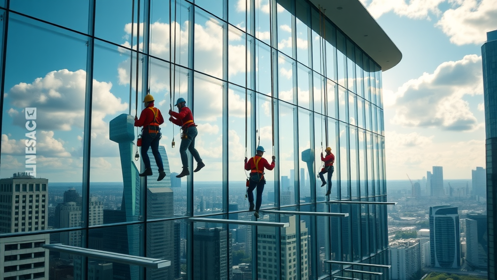 Commercial window cleaning team on glass office building with city reflections