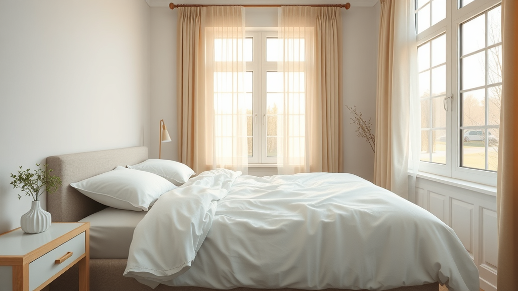 Serene clutter-free bedroom after deep clean with sunlight and crisp linens